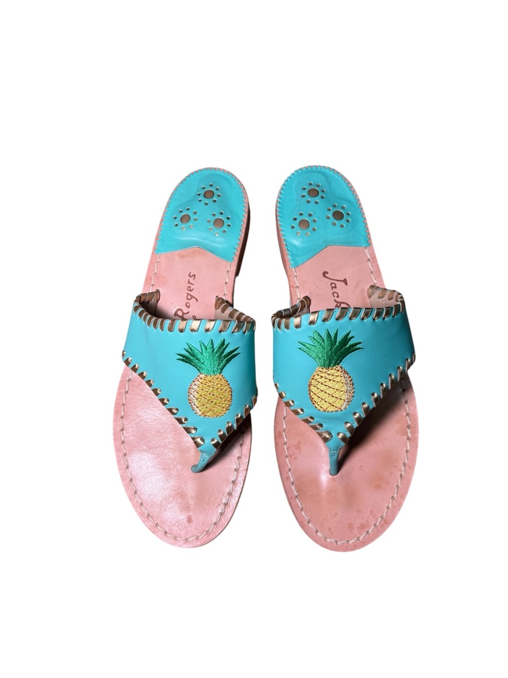 RARE Jack Rogers Pineapple Leather Flat Sandals in Turquoise / Gold Size 8